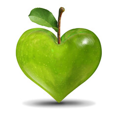 Healthy lifestyle life symbol and eating good nutrition and exercising as a green apple in a love heart shape for living a fit lifestyle concept.