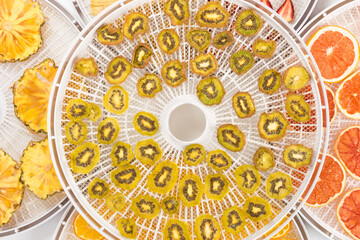dried fruits on drying trays, top view, background