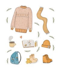 Set on a white background cozy orange sweater with a pattern of leaves scarf hat boots blue backpack with a bear socks hot mug of tea sketchbook with drawings pencils green branches leaves