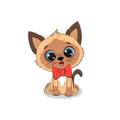 Cute cartoon kitten with a big red bow on a white background.Character for the design of cards, invitations, labels.Vector illustration