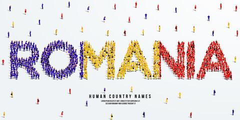 A large group of people stands, making up the word Romania. Romania flag made from people crowd. Vector illustration isolated on white background.