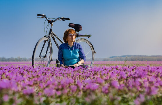Older woman bicyclist enjoying nature while sitting in field of colorful  purple wildflowers; bicycle behind her; blue sky in background; spring in  Missouri, USA foto de Stock | Adobe Stock