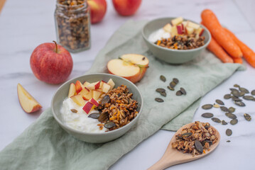 bowl of healthy breakfast cereals granola with fruits 