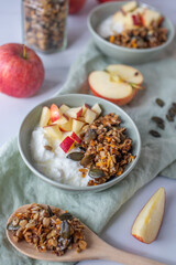 bowl of healthy breakfast cereals granola with fruits 
