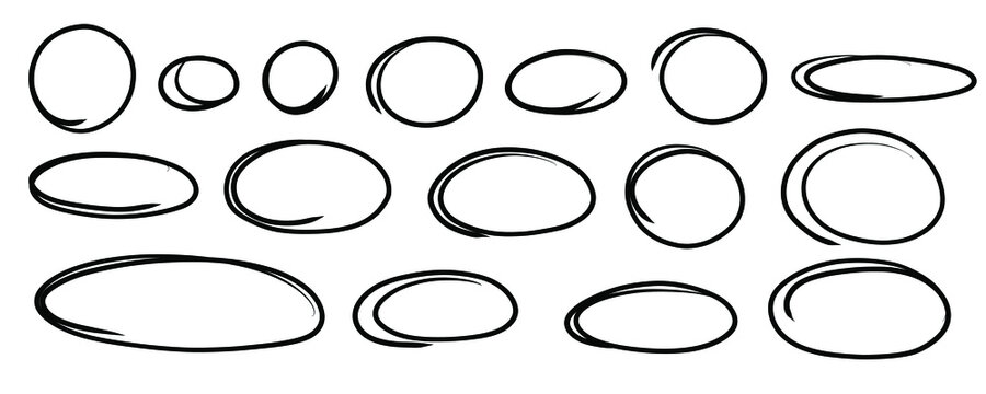 Highlight doodle ovals. Highlight hand drawn circle frames set. Ovals and ellipses line template. Vector illustration isolated on white background.