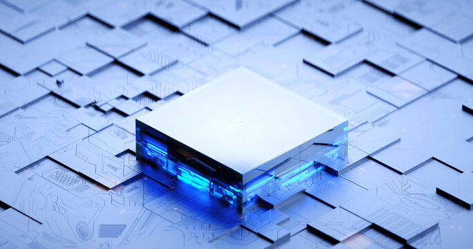 3D rendering of cyberpunk AI. Circuit board. Technology background. Central Computer Processors CPU and GPU concept. Motherboard digital chip. Tech science background.