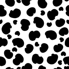 Fototapeta na wymiar Seamless dalmatian fur animal print. Animal skin template. Spot background. Vector design illustration. Random bovine spots hand drawn design. Farm animal textural banner.