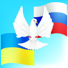 White dove of peace on background of the Russian and Ukrainian flags and blue sky. Vector illustration.
