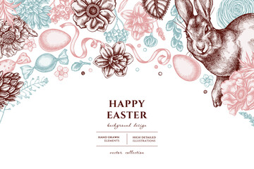 Easter hand drawn illustration design. Background with vintage rabbit, eggs, willow branches, candies, shepherd's purse, anemone, lavender, ranunculus, hyacinth, peony, forget me not flower, rosemary