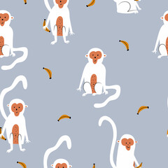 Seamless pattern. Colorful cute monkeys on a light blue background. Vector illustration for design