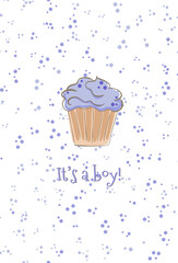boy baby shower greeting card with cupcake, muffin with lavender very peri whipped cream topping.