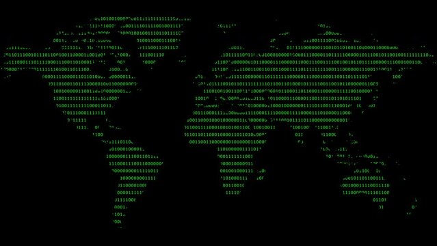 Abstract binary code at world map shape background with green digits moving up on the screen. Data, code, decryption and encoding concepts. Seamless loopable background.