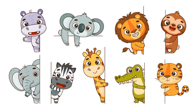 Set kids tropical animals peeking from the side. Hippo, lion, elephant, giraffe, crocodile, zebra, sloth, tiger, koala. Vector illustration for designs, prints, patterns. Isolated on white background