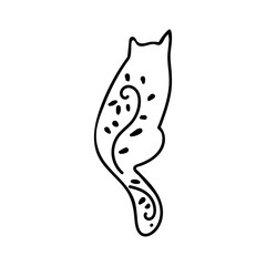 Vector simple black line cat illustration for Easter hand drawn. Single spring holiday animal picture in doodle style. Design for stickers, social media, cards, packaging, printing.