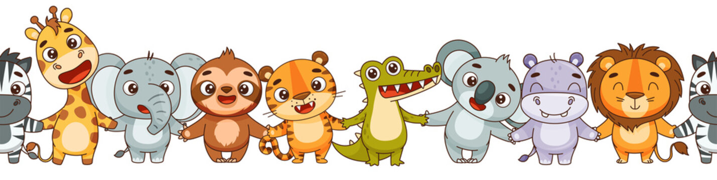 Seamless border kids tropical animals hold hands. Hippo, lion, elephant, giraffe, crocodile, zebra, sloth, tiger, koala. Vector illustration for designs, prints, patterns. Isolated on white background