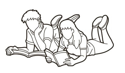 Obraz premium Group of Children Reading Books Together Cartoon Graphic Vector