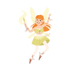 Cute Girl Fairy Flying with Wings Holding Magic Wand Vector Illustration
