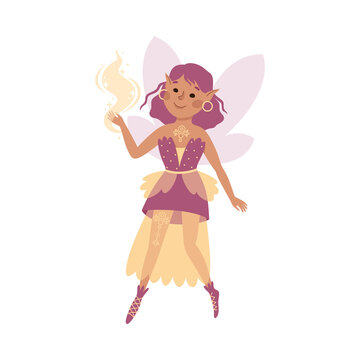 Cute Girl Fairy Flying with Wings and Smiling Vector Illustration