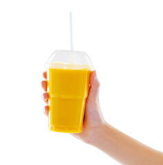 Health in your hand. Closeup studio shot of a woman holding a fruit shake isolated on white.