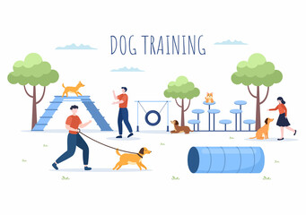 Dogs Training Center at Playground with Instructor Teaching Pets or Play for Tricks and Jumping Skills in Flat Cartoon Background Illustration