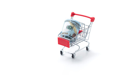 Financial Concepts. One Shopping Trolley With Dollars Currency Banknote On White. Concept of Shopping and Savings