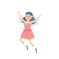 Cute Girl Fairy Flying with Wings and Smiling Vector Illustration