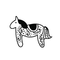 Vector simple illustration horse with black line for Easter hand drawn. Single spring holiday animal picture in doodle style. Design for stickers, social media, cards, packaging, printing.