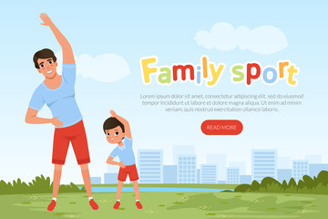 Landing Page with Happy Dad and His Son Doing Sport Activity Vector Template