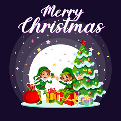 Merry Christmas banner design with elves and Christmas tree
