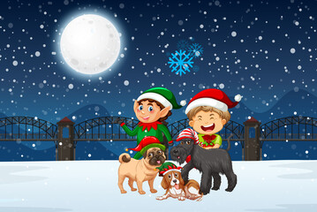 Snowy winter night with Christmas elves and dogs