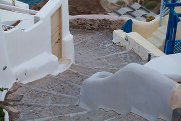Stone staircases and white houses on Santorini Island, Greece