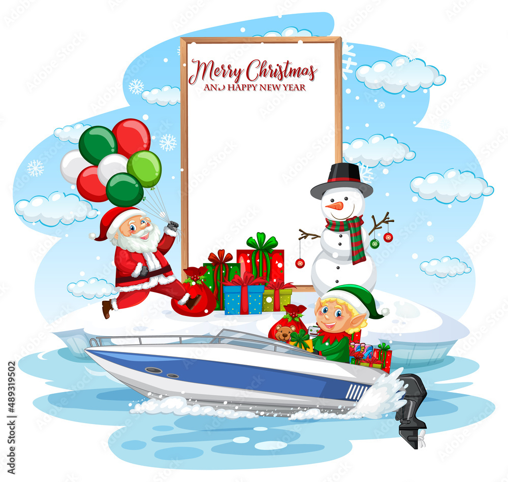 Poster Empty banner with Christmas elf delivering gifts by a boat