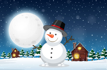 Obraz premium Snowy winter night with cute snowman