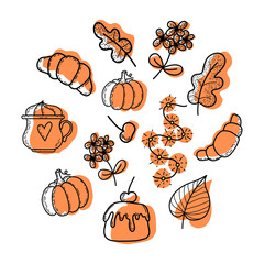 Set line art with croissants, coffee cup, leaves, vase, flowers, lights, cake with cherry, garland. Vector illustration.