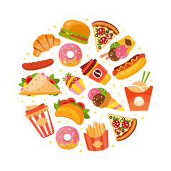 Fast Food with Hot Dog and Pizza Arranged in Circle Vector Template