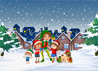 Snowy winter night with elf and children in the town
