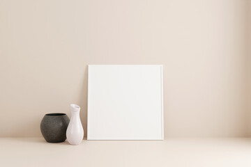 Minimalist square white poster or photo frame mockup on the floor leaning against the room wall