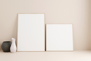 Naklejka premium Set of minimalist wooden poster or photo frame mockup on the floor leaning against the room wall