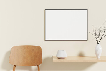 Minimalist and clean horizontal black poster or photo frame mockup on the wooden table in room
