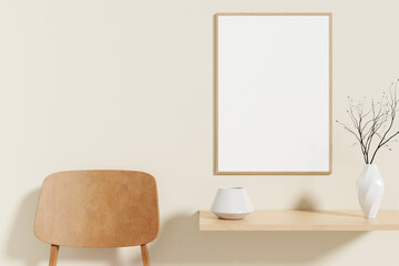 Minimalist and clean vertical wooden poster or photo frame mockup on the wooden table in living room