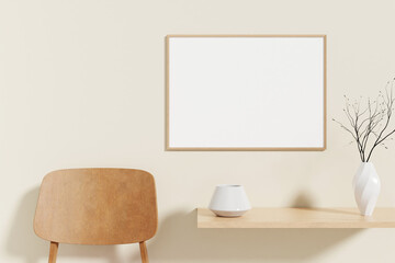 Minimalist and clean horizontal wooden poster or photo frame mockup on the wooden table in room