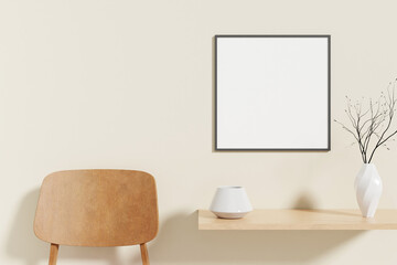 Fototapeta na wymiar Minimalist and clean square black poster or photo frame mockup on the wooden table in living room