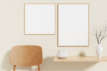 Minimalist and clean wooden poster or photo frame mockup on the wooden table in living room