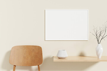 Minimalist and clean horizontal white poster or photo frame mockup on the wooden table in room