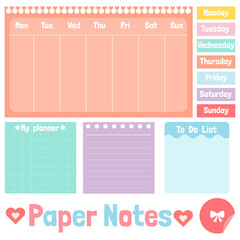 Cute paper notes. Stationary set. Scrapbook notes and cards.Printable planner stickers. To Do List note. Template for your message. Decorative planning element. Vector illustration.