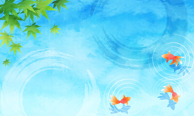 水面と金魚と紅葉の夏の爽やかな水彩の暑中見舞いのベクターイラスト背景