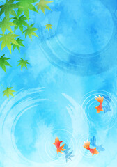 Fototapeta na wymiar 水面と金魚と紅葉の夏の爽やかな水彩の暑中見舞いのベクターイラスト背景