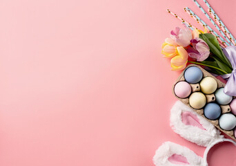 easter background with eggs, bunny ears and tulips on pink backdrop, top view flat lay