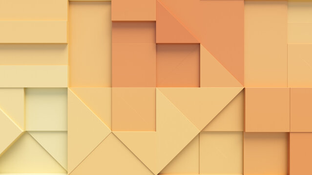 Fototapeta 3D blocks of different shapes and sizes interlock to create a wall. Orange and Yellow Futuristic background .