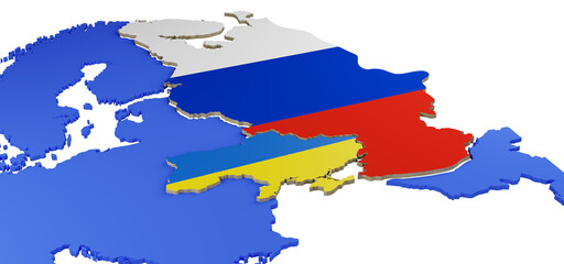 Obraz premium Russia and Ukraine war in the Middle East Europe. Ukraine crisis map. Ukraine and Russia military conflict. Geopolitical concept. 3d isolated white illustration. 25/02/2022